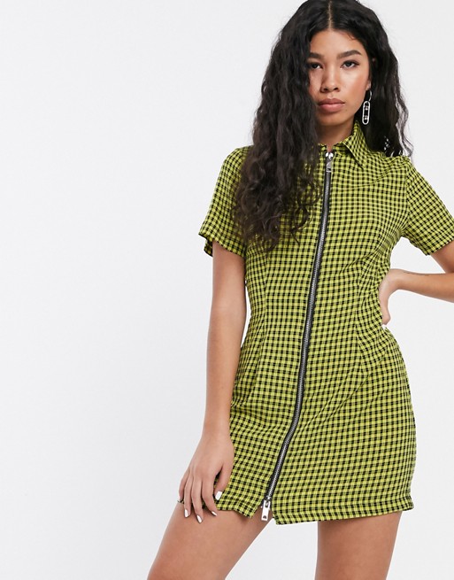 The Ragged Priest zip front shirt dress in yellow check