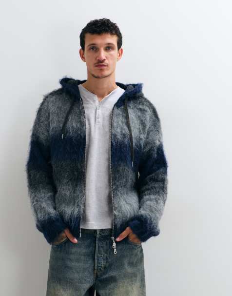 The Ragged Priest zip through fuzzy gradient hoodie knit in blue and grey stripe - view 1