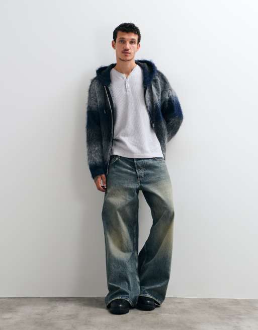 The Ragged Priest zip through fuzzy gradient hoodie knit in blue and grey stripe, 2 of 5