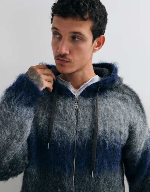 The Ragged Priest zip through fuzzy gradient hoodie knit in blue and grey stripe, 3 of 5