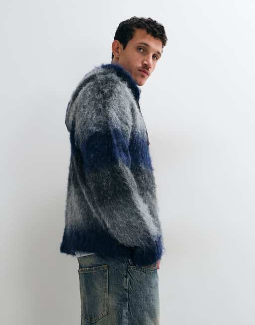 The Ragged Priest zip through fuzzy gradient hoodie knit in blue and grey stripe, 4 of 5