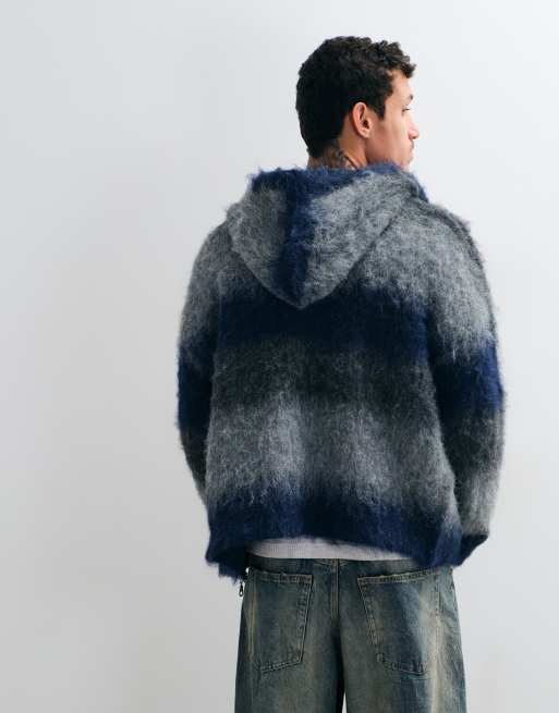 The Ragged Priest zip through fuzzy gradient hoodie knit in blue and grey stripe, 5 of 5