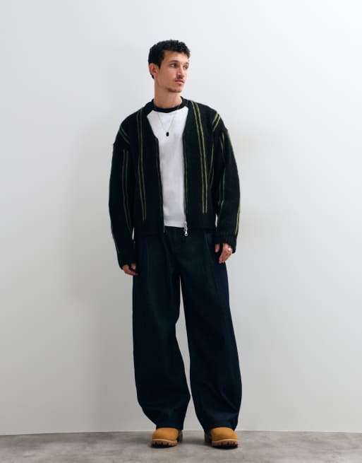 The Ragged Prist grit zip through v neck cardigan with black and green stripe, 2 of 5
