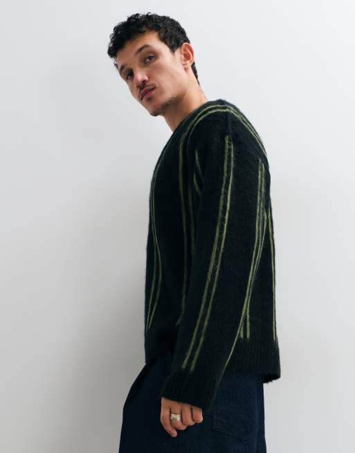 The Ragged Prist grit zip through v neck cardigan with black and green stripe, 4 of 5