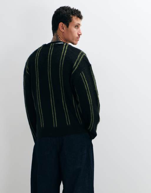 The Ragged Prist grit zip through v neck cardigan with black and green stripe, 5 of 5