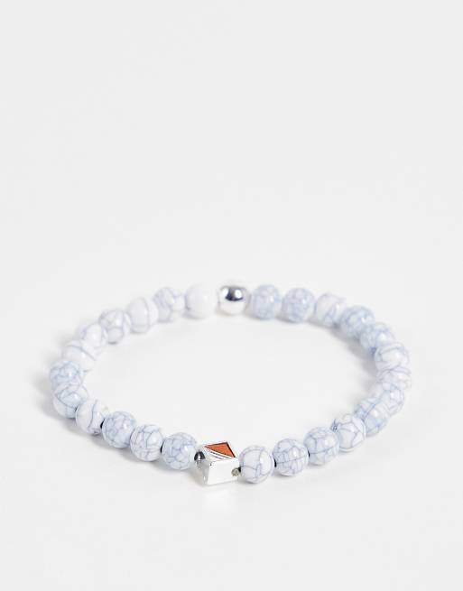 The Status Syndicate - Bracciale con perline bianche con venature e perline argento squadrate