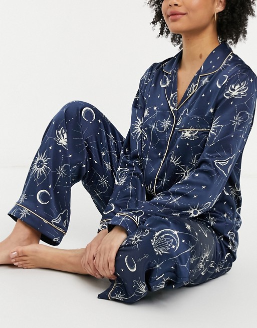 The Wellness Project empowered yoga long pyjama set in navy satin