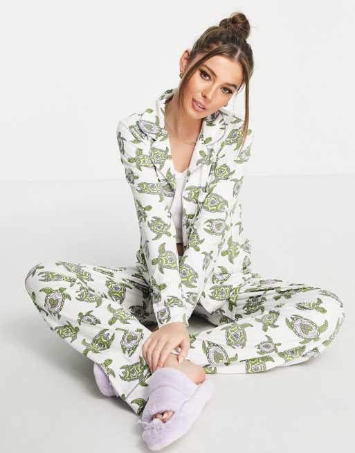 The Wellness Project illustrated turtle long pajama set in cream