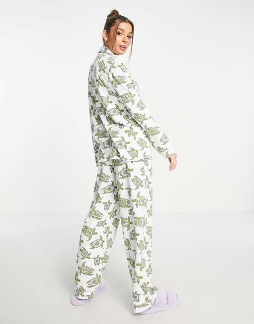 The Wellness Project illustrated turtle long pajama set in cream