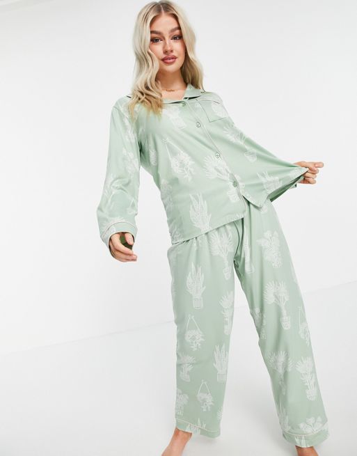 The Wellness Project plant print long pajama set in sage green