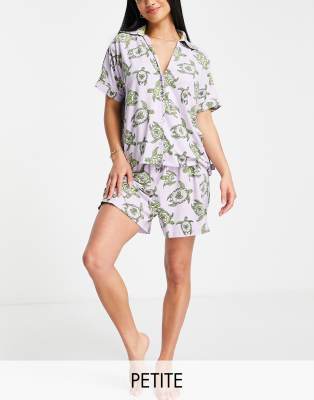 The Wellness Project The Wellness Project Petite illustrated turtle short pyjama set in lilac-Purple