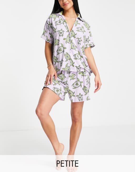 The Wellness Project Petite - Korte pyjamaset met geïllustreerde schildpadjes in lila