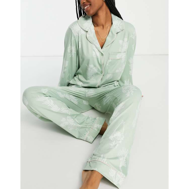 The Wellness Project plant print long pajama set in sage green