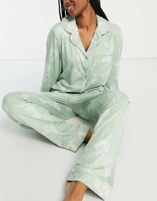 The Wellness Project plant print long pajama set in sage green