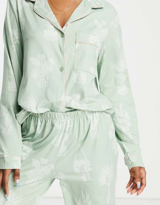 The Wellness Project plant print long pajama set in sage green