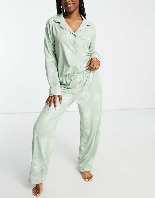 The Wellness Project plant print long pajama set in sage green