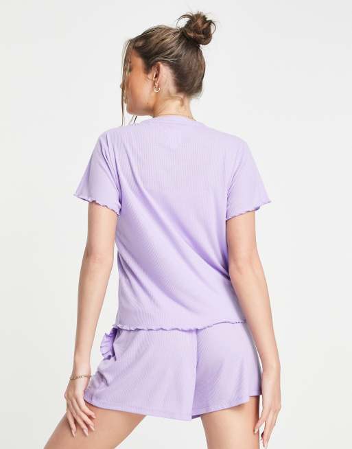 The Wellness Project textured t-shirt and short pyjama set with frill detail in lilac, 4 of 4