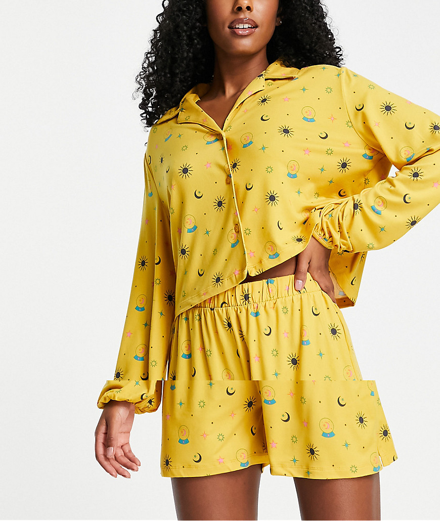 The Wellness Project x Chelsea Peers blouson sleeve short pajamas in mustard ditsy eye print-Yellow