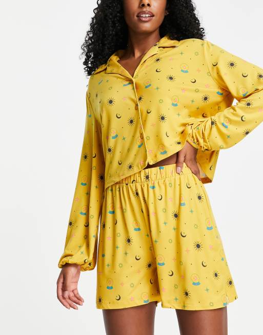 The Wellness Project x Chelsea Peers blouson sleeve short pyjamas in mustard ditsy eye print