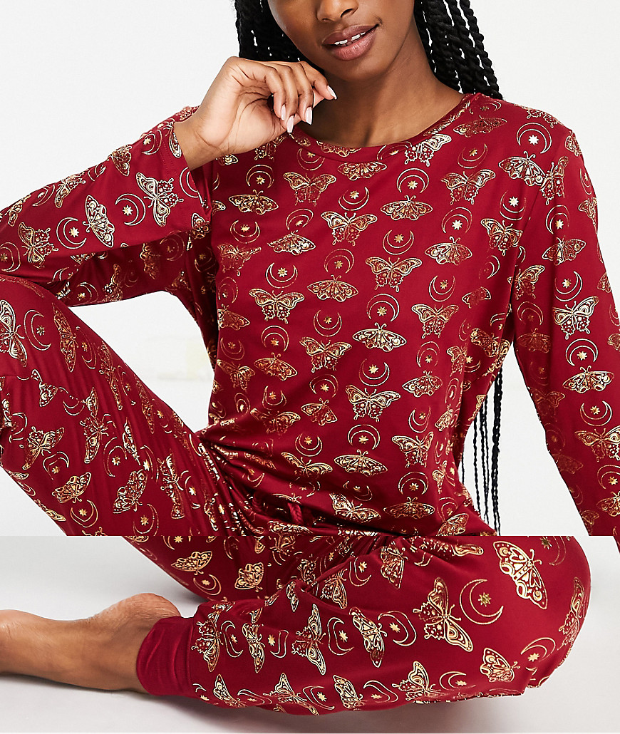 The Wellness Project x Chelsea Peers butterfly foil long pajamas in burgundy-Red
