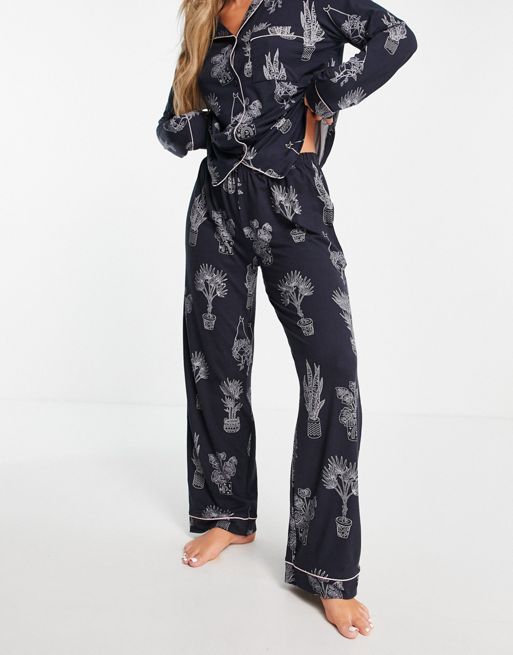 Ensemble Pyjama Long Imprimé Végétal Soie pour Femme