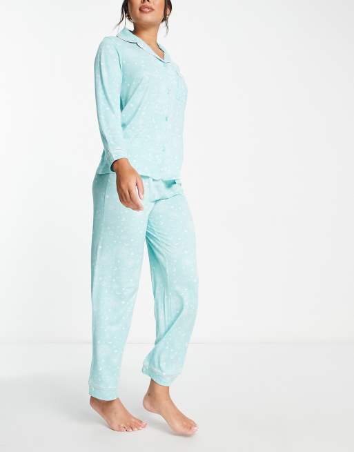 The Wellness Project x Chelsea Peers – Langes Pyjama-Set in Blau mit mystischem Mondprint