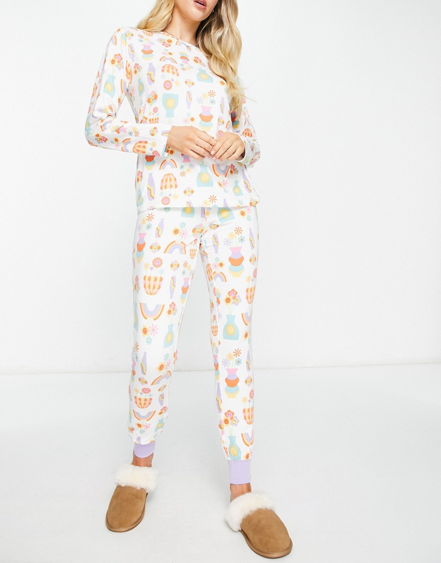 The Wellness Project x Chelsea Peers long pajama set in cream and lilac flower print-White