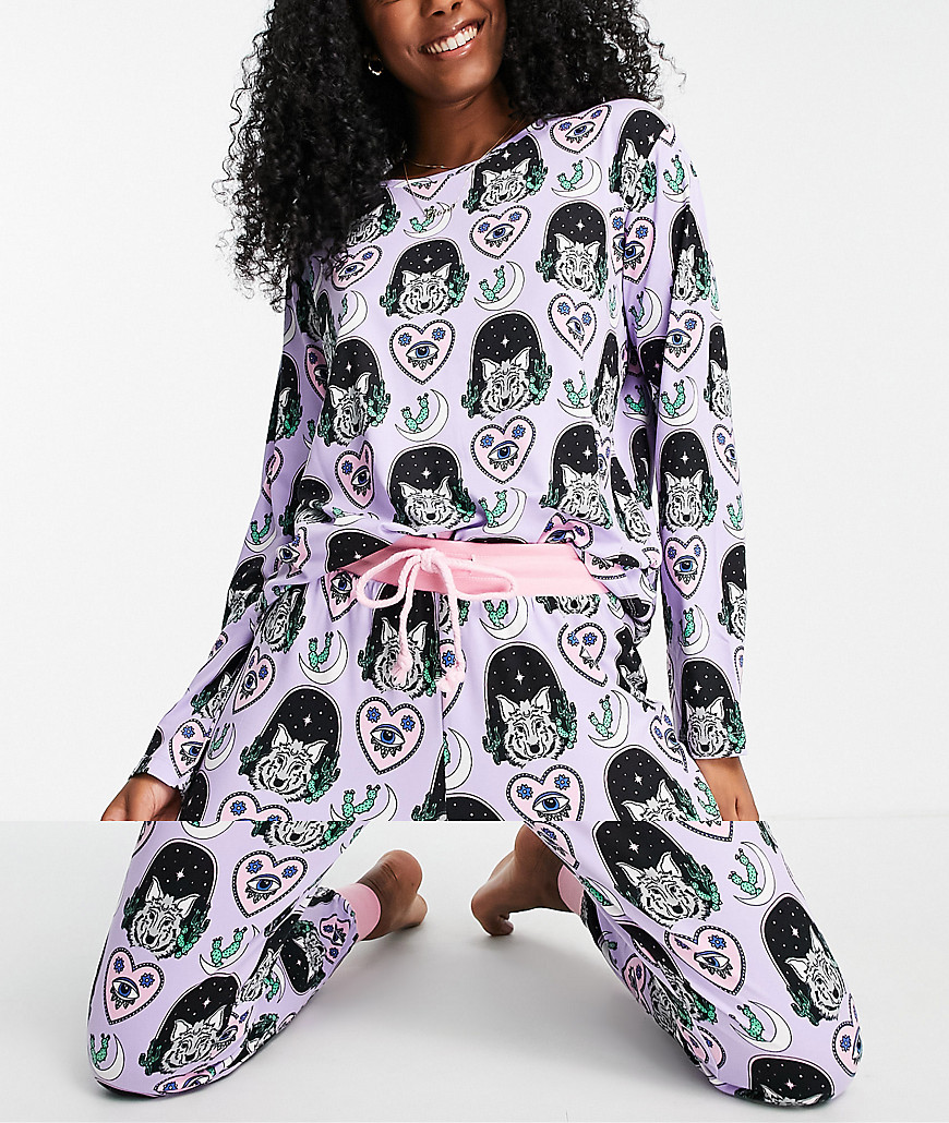 The Wellness Project x Chelsea Peers long pajamas in purple midnight moon club print