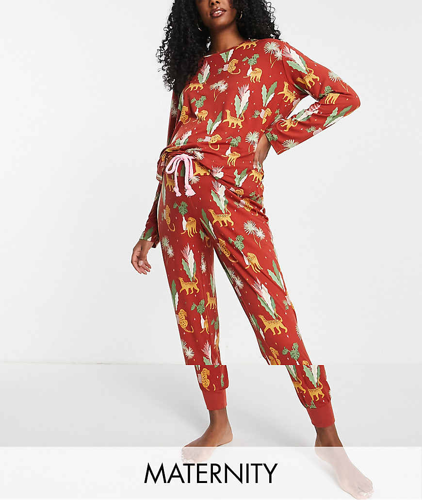 The Wellness Project x Chelsea Peers Maternity long pajamas in wild night print-Brown