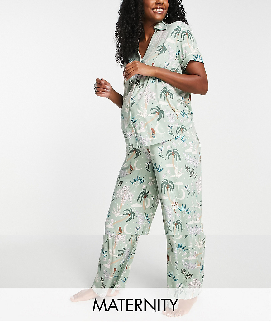 The Wellness Project x Chelsea Peers Maternity wide leg pajama set in navy bali swing print