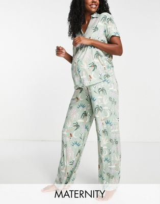 The Wellness Project x Chelsea Peers Maternity wide leg pyjama set in navy bali swing print
