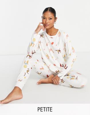 The Wellness Project x Chelsea Peers Petite long pajama set in cream yoga print-White