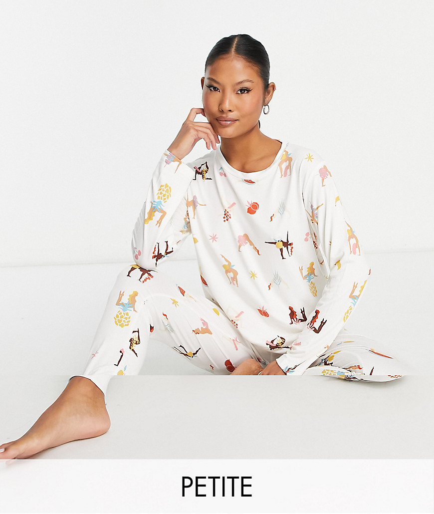 The Wellness Project x Chelsea Peers Petite long pajama set in cream yoga print-White
