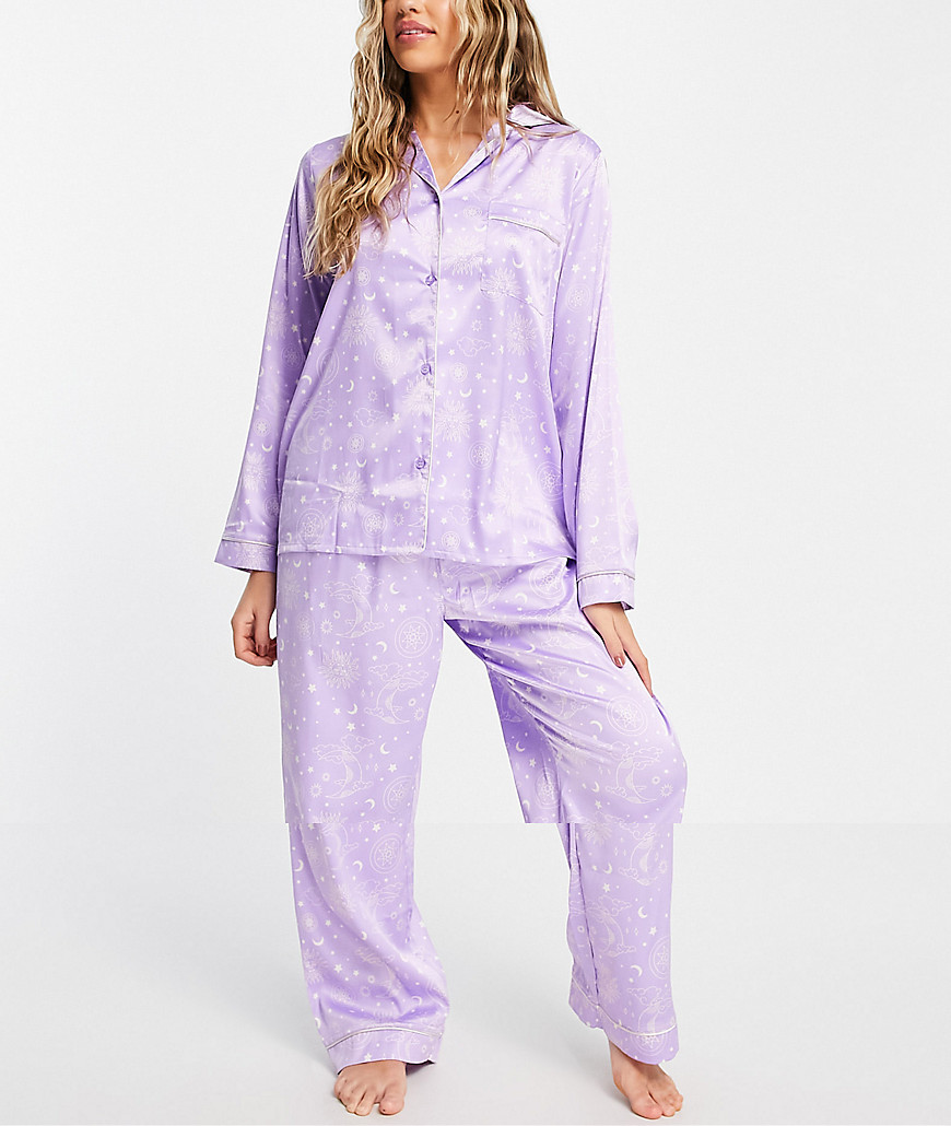 The Wellness Project x Chelsea Peers satin long pajamas in lilac celestial print-Purple