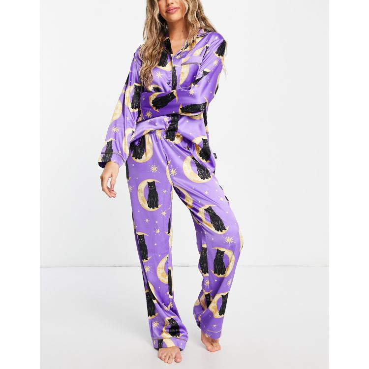 The Wellness Project x Chelsea Peers satin long pyjamas in cat on the moon print