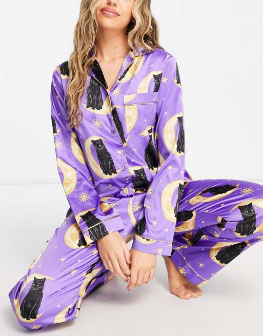 The Wellness Project x Chelsea Peers satin long pyjamas in cat on the moon print