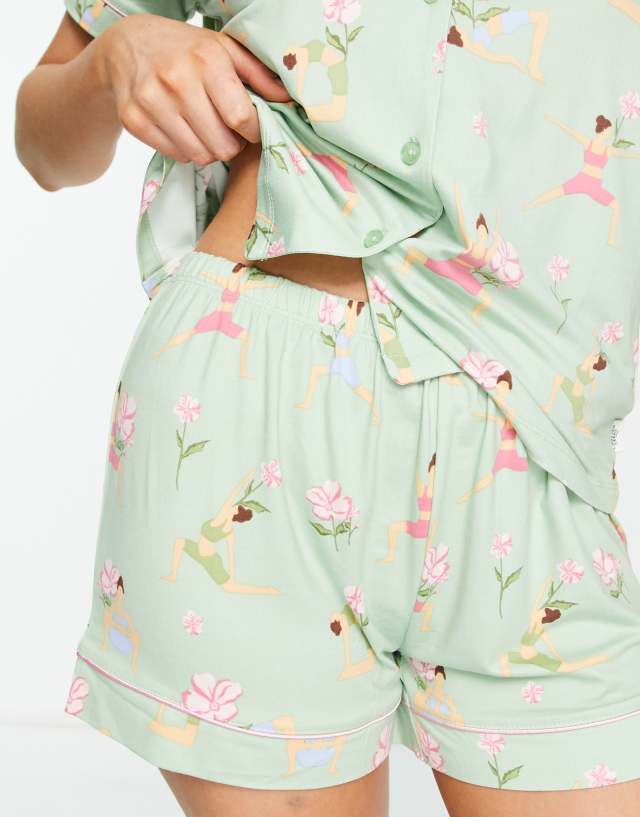 The Wellness Project x Chelsea Peers short pajama set in light green and  pink yoga print