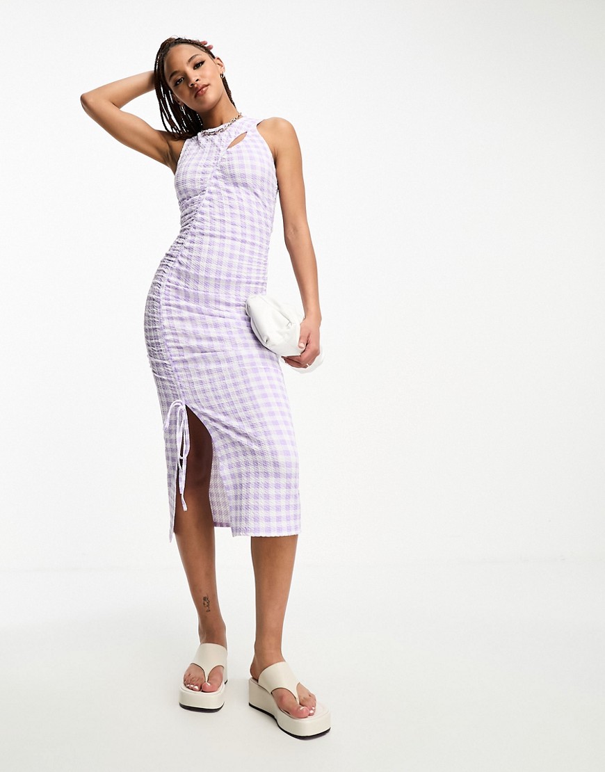 This Girl I Know cut out ruched detail midi dress in lilac gingham-Purple