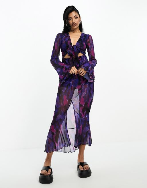 This Girl I Know mesh tie front flutter sleeve maxi dress in purple floral print