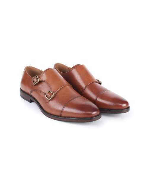 Thomas Crick Aubry mens leather double monk strap shoes in tan - view 1