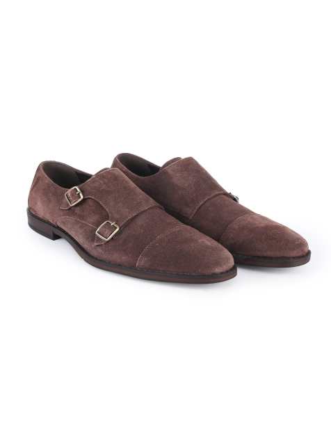 Thomas Crick Aubry mens suede leather double monk strap shoes in ebony suede - view 1