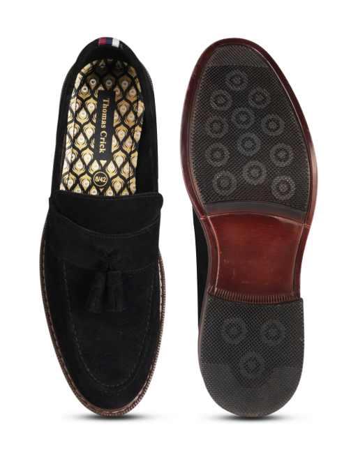 Thomas Crick 'clinton' men's leather tassel formal loafer shoes in black suede, 3 of 4