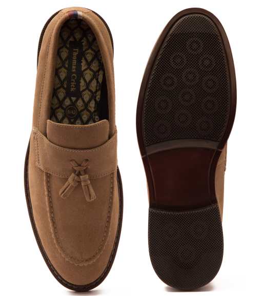 Thomas Crick 'clinton' men's leather tassel formal loafer shoes in brown suede, 2 of 4