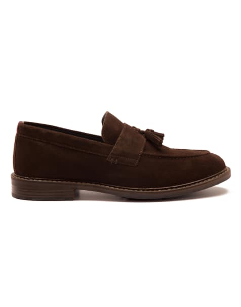 Thomas Crick 'clinton' men's leather tassel formal loafer shoes in brown suede - view 1