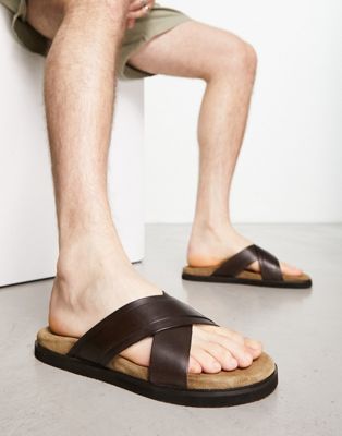Thomas Crick cross strap sandals in brown leather