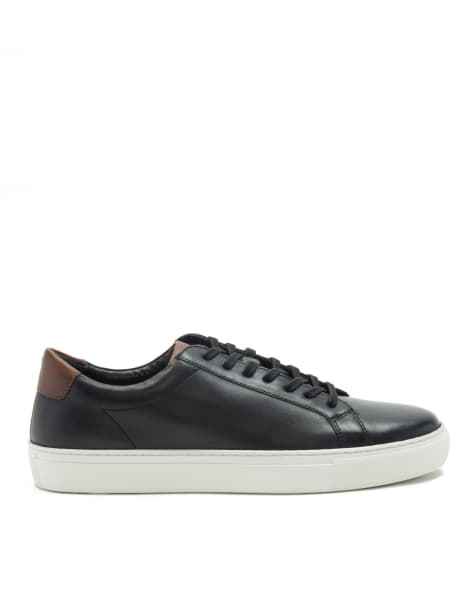 Mens black leather trainers with store white sole