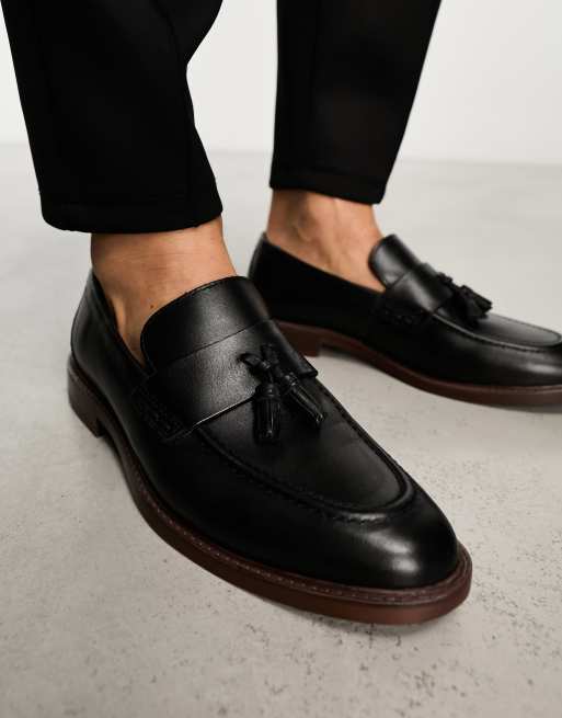 Thomas Crick leather tassel loafers in black | ASOS