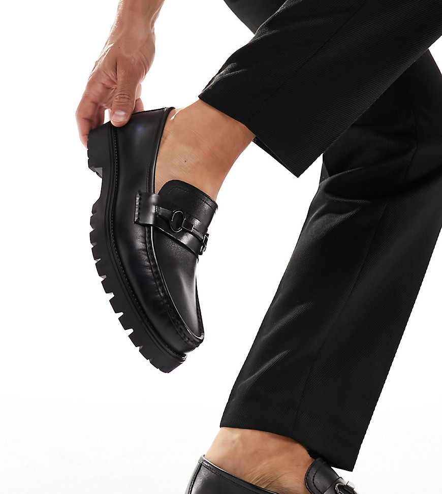 Thomas Crick Wide Fit chunky leather loafers with snaffle detail in black