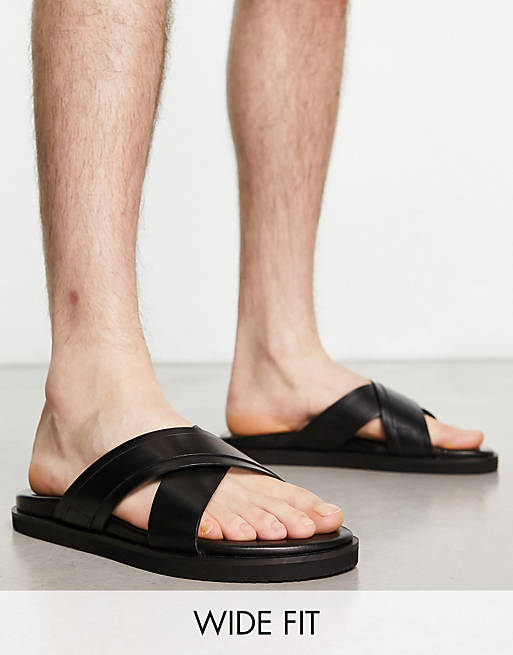 Thomas Crick wide fit cross strap sandals in black leather