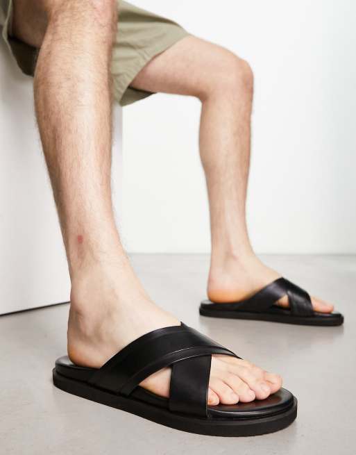 Thomas Crick wide fit cross strap sandals in black leather